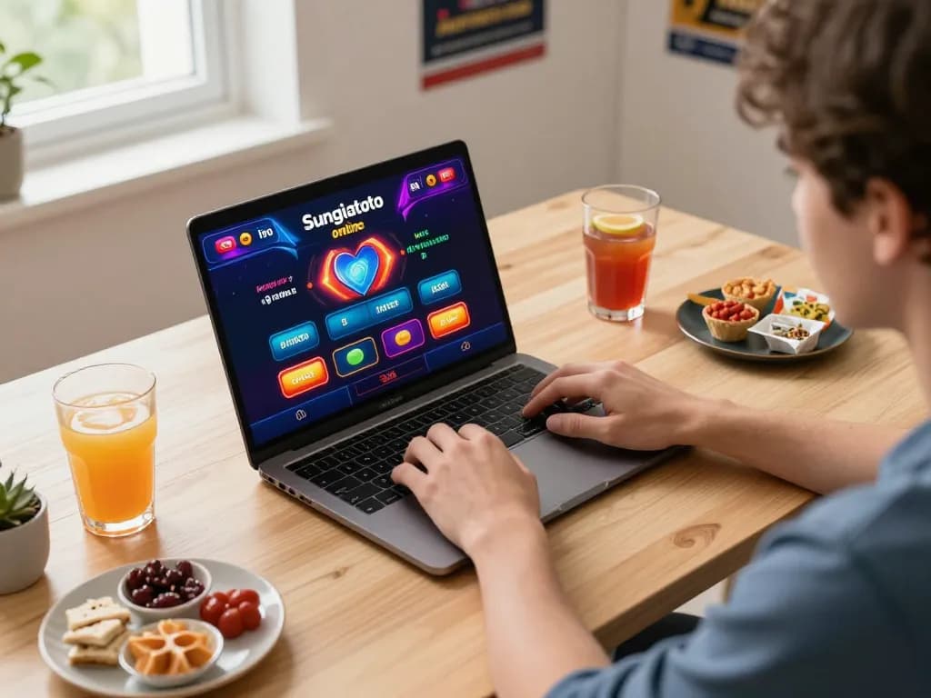 Player exploring link sungaitoto online casino interface at stylish desk during home gaming session
