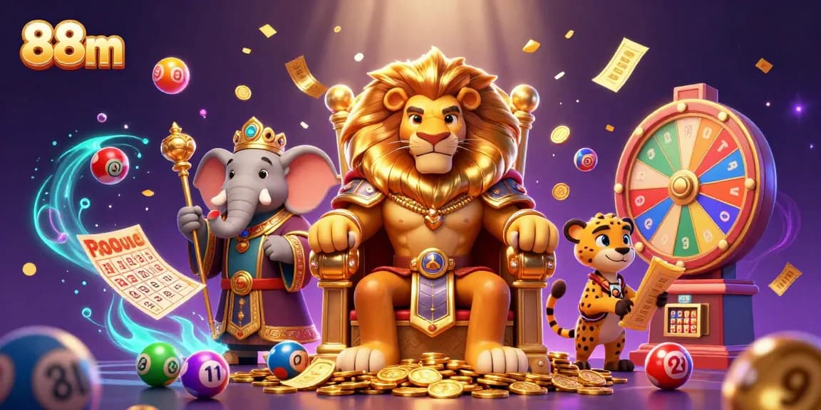 Play exciting games at 88m with fierce lion king and loyal characters amidst vibrant casino elements.