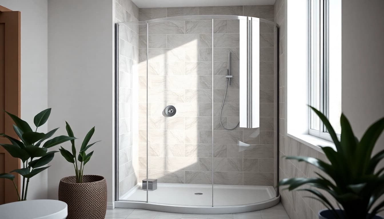 Elegant corner shower screen frameless displayed in a modern bathroom.