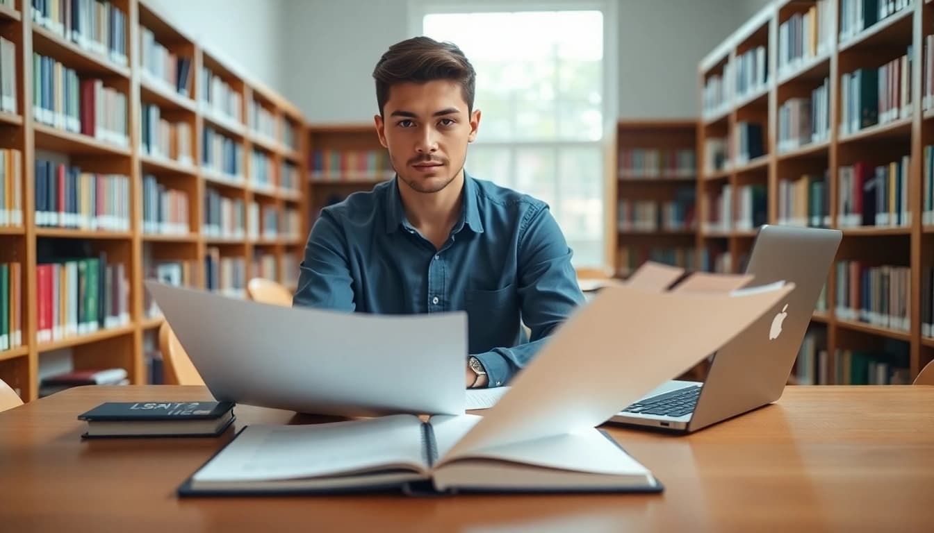 Hire someone to take lsat for you by a dedicated student focused on their exam in a serene library setting.