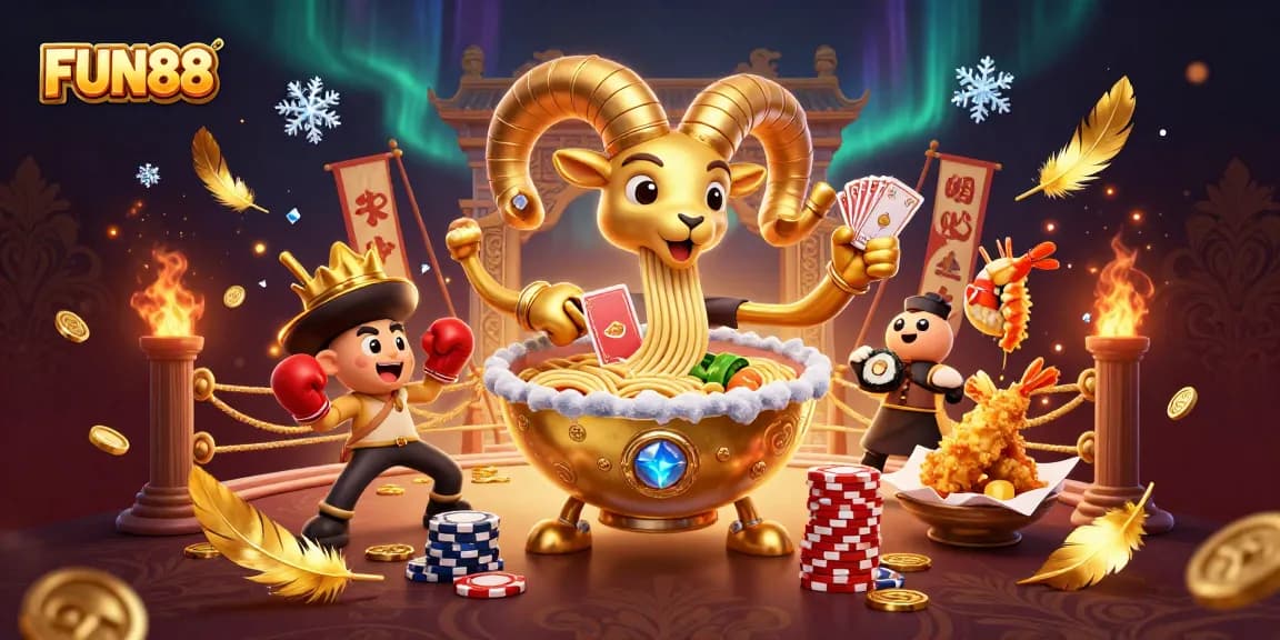 Experience the excitement of FUN88 with a giant ramen bowl dealer and vibrant casino theme.