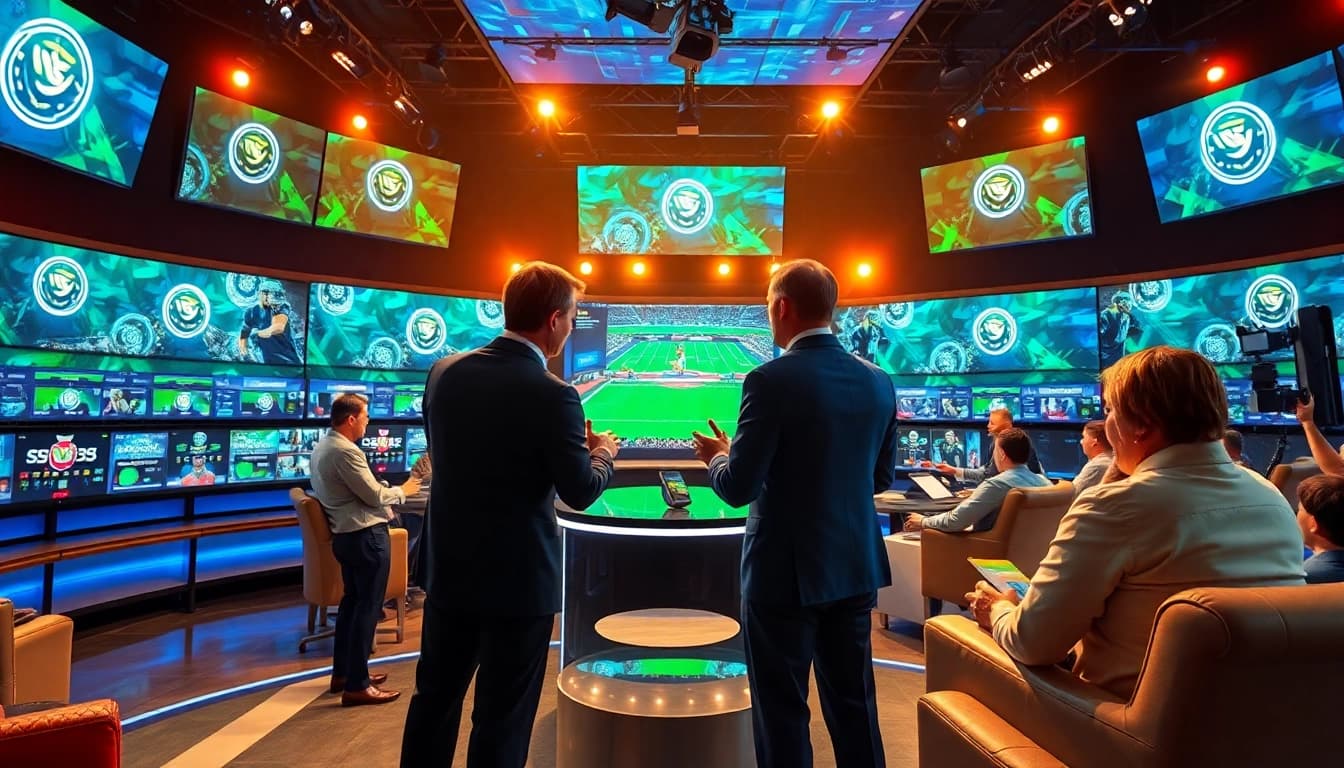Engaging sports broadcasting setup with presenters discussing the latest highlights and insights.