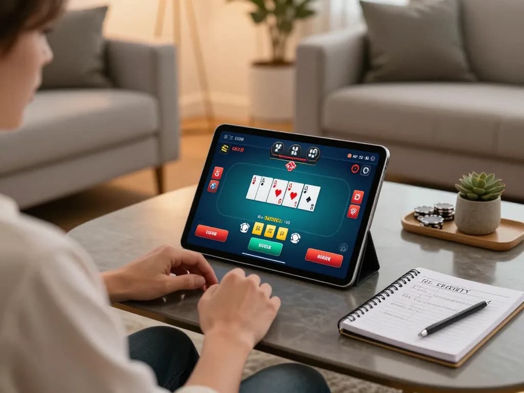iwinclub online poker gameplay on a tablet in a cozy home setting with strategy notes.