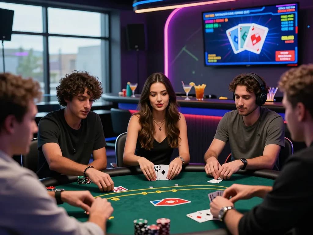 Exciting poker game at gem88 online casino, featuring diverse players celebrating their wins in a vibrant setting.