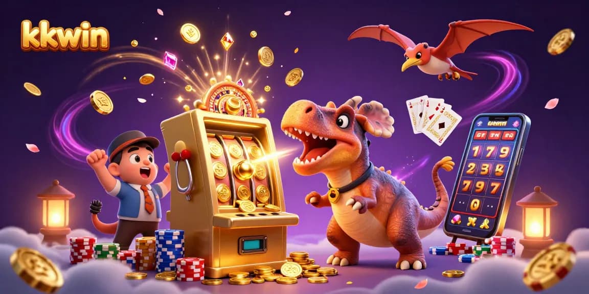 kkwin's dynamic gaming action: a cartoon pachycephalosaurus celebrates jackpot wins, coins raining everywhere