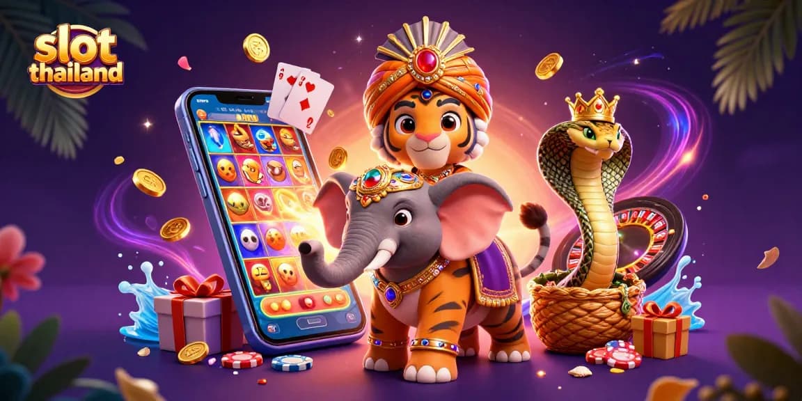 Experience exciting slot thailand gameplay with a vibrant 3D cartoon illustration featuring a maharaja, elephant, and slot elements.