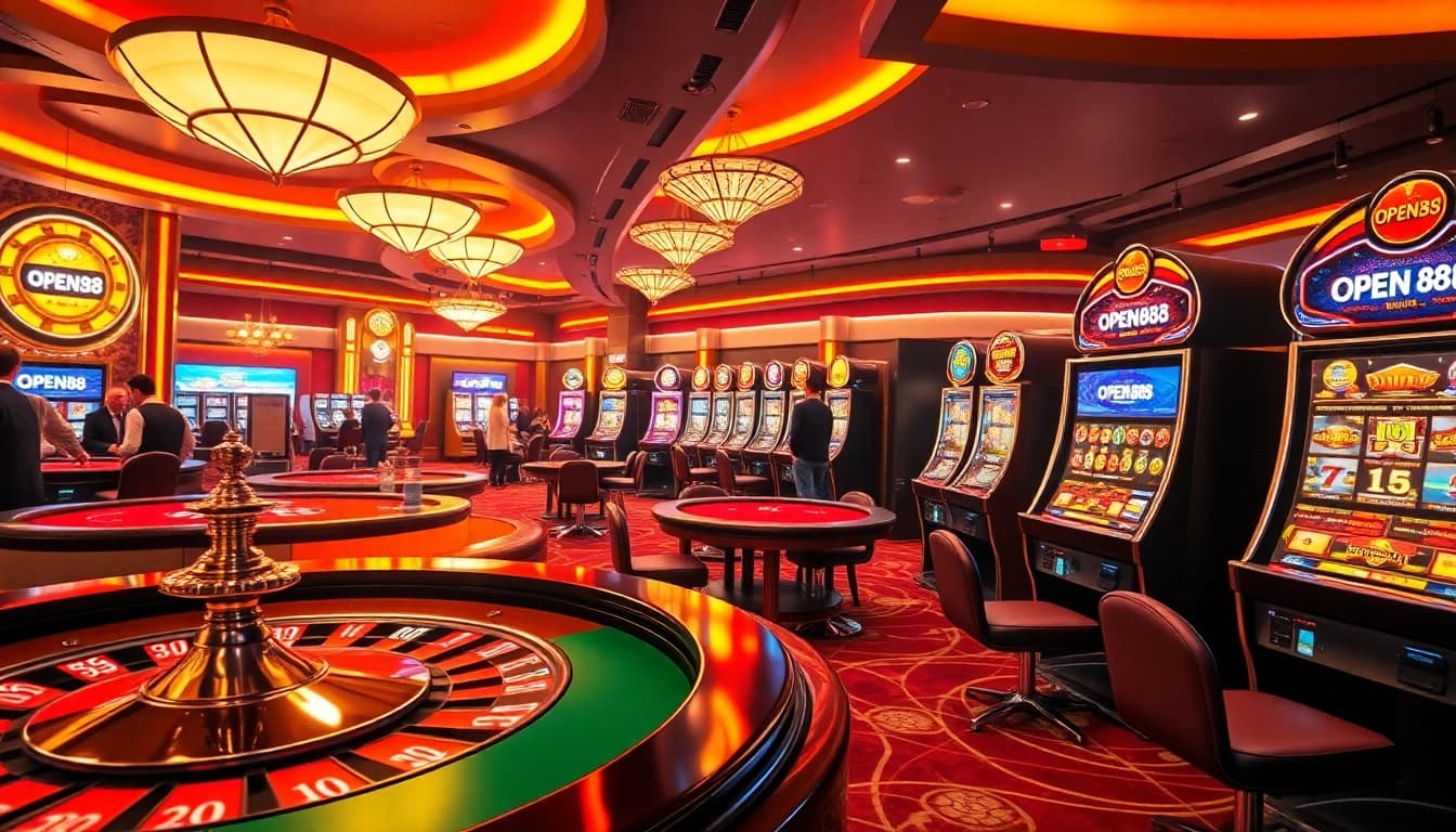 Experience the excitement of open88 with vibrant casino visuals including roulette and slot machines.
