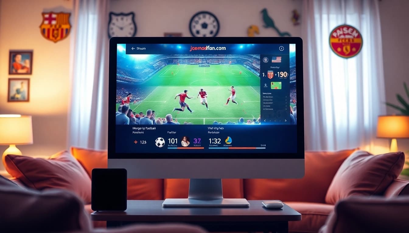 High-quality live football match on joemadfan.com streaming interface in a cozy living room.