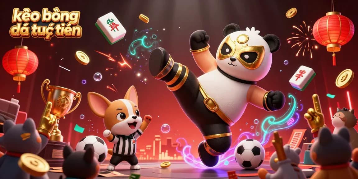 Engage in sports betting with the dynamic visual featuring kèo bóng đá trực tuyến and lively panda wrestlers.