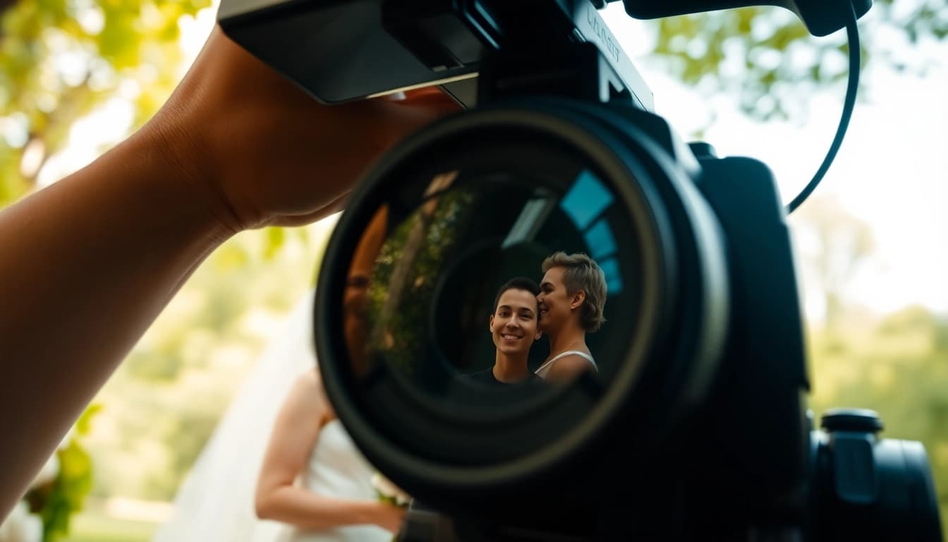 Videographer executing video capture of a wedding, highlighting emotional moments in natural light.