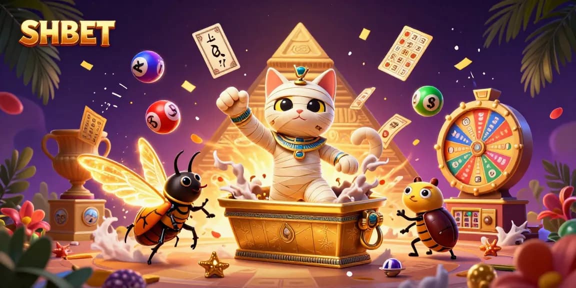 SHBET brings excitement with a cartoon mummy cat bursting from a sarcophagus in a vibrant casino.