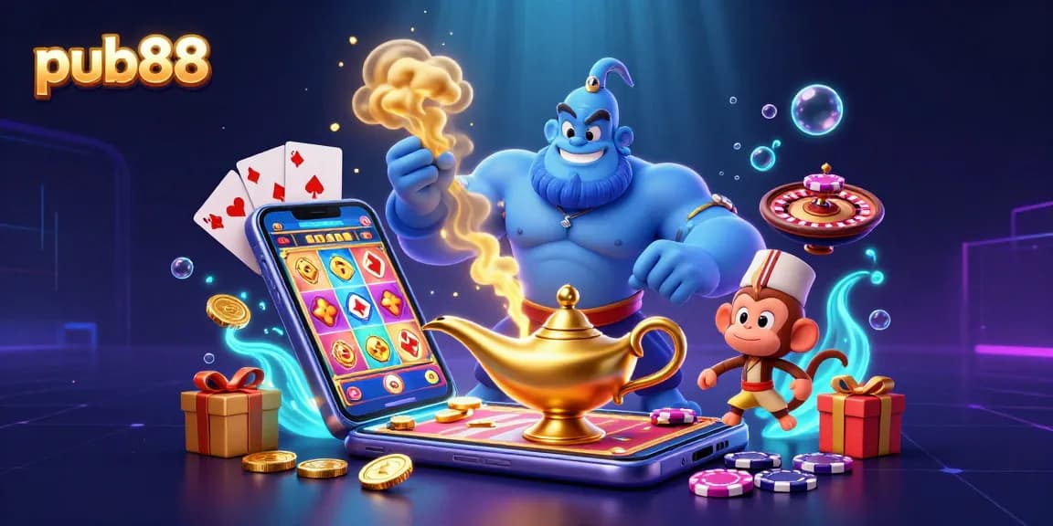 Engage with pub88's vibrant casino world featuring a blue genie, monkey, and magic carpet filled with poker chips.