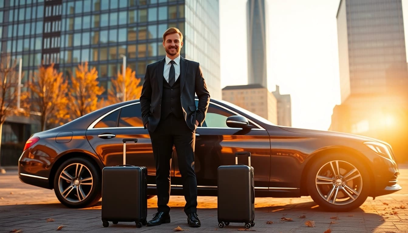Chauffeur Nottingham welcoming clients next to a luxury car in a stylish urban setting.