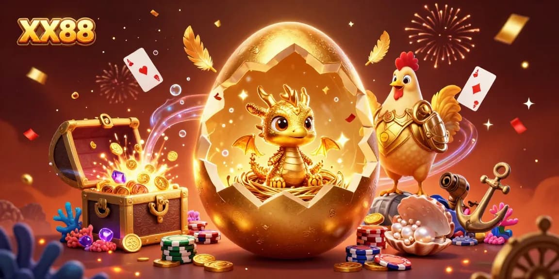 Engage with XX88 as a golden baby dragon emerges from an egg amidst poker chips.