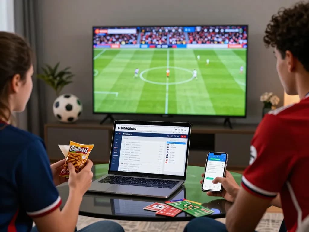 Bongdalu ngoại hạng anh fan enjoying a live football match with detailed stats on laptop.