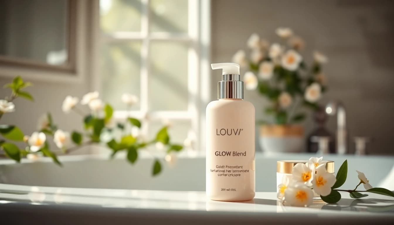 Enhancing radiance with Glow Blend skincare products in a serene bathroom setting.