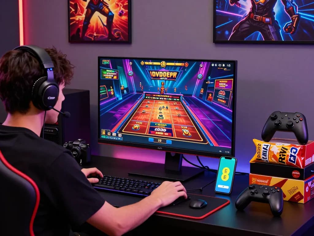 Gamer immersed in EE88 online gaming experience with colorful casino games on screen.