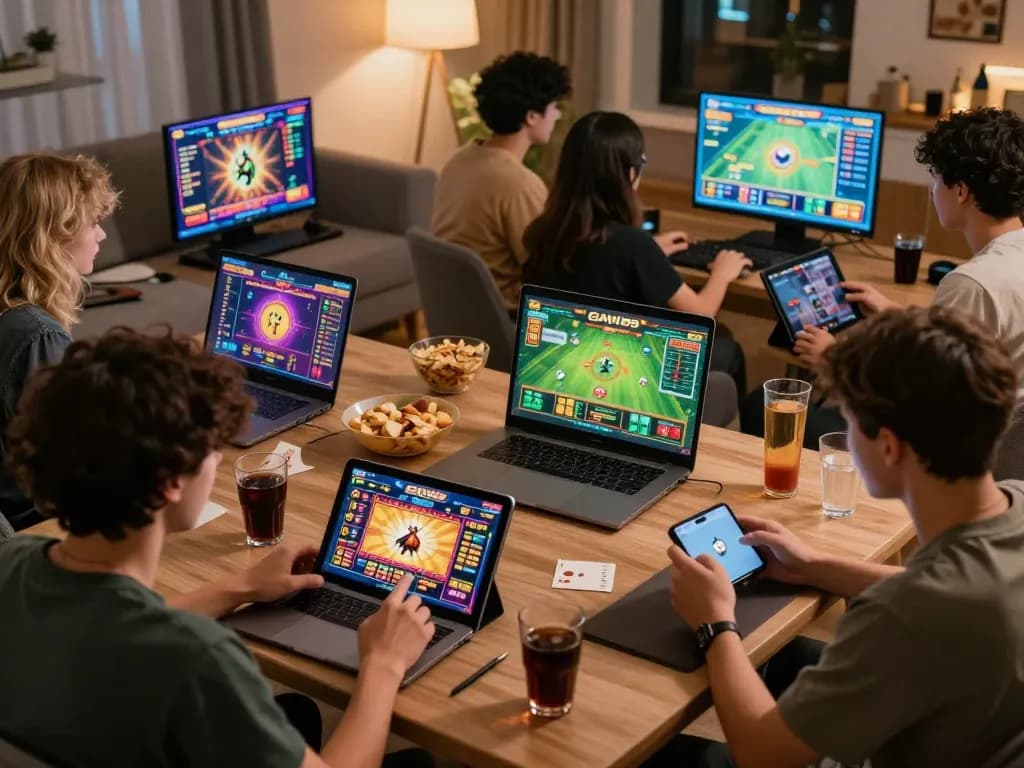 Exciting gaming scene with diverse players on https://www.gavn99.app/ showcasing casino games and sports betting in a cozy setting.