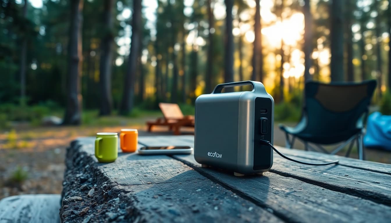 EcoFlow portable power station displayed in an outdoor setting, highlighting its features for camping.
