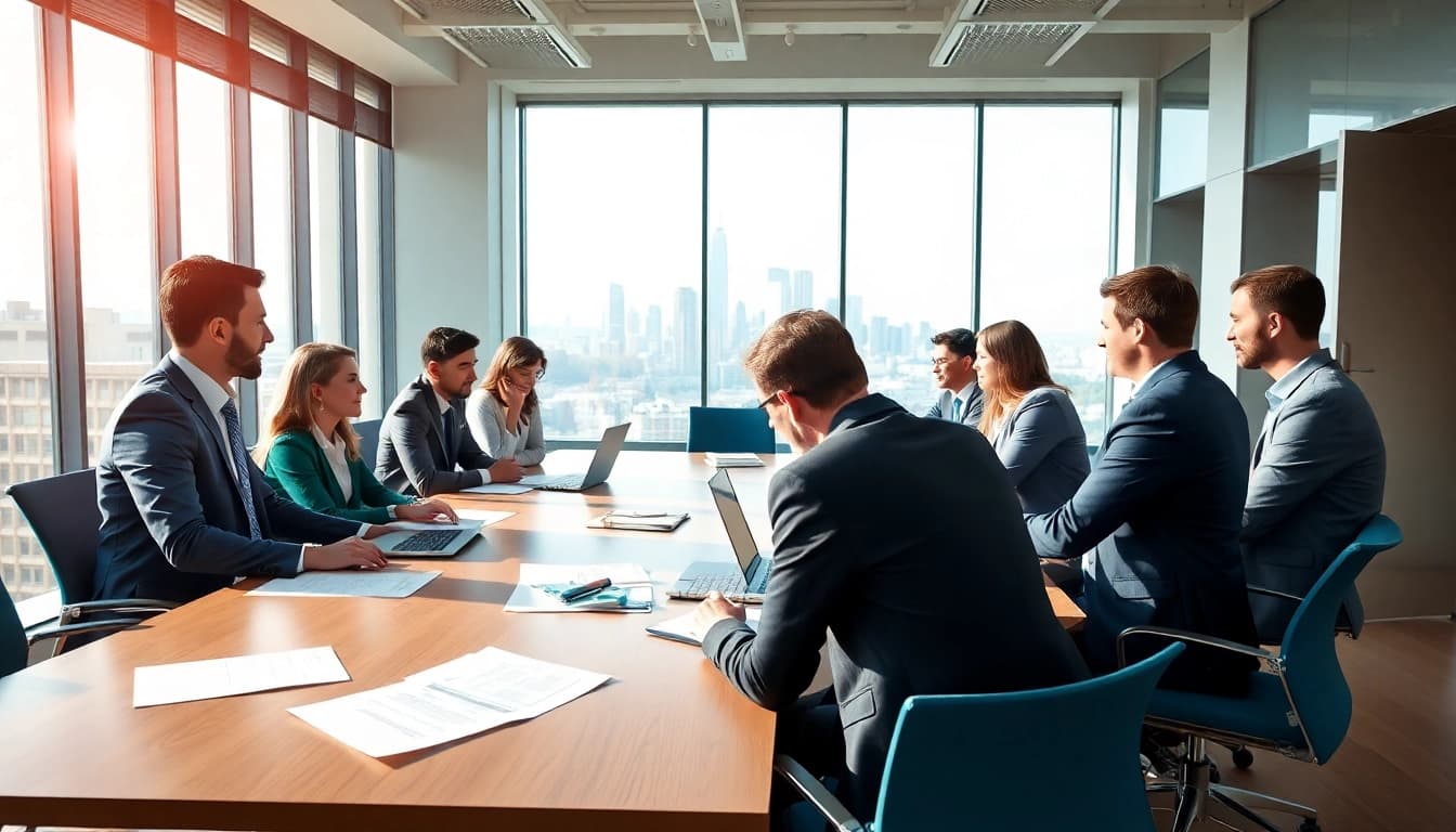 Engaging teamwork on federal and state contracts and grants in a bright conference room.