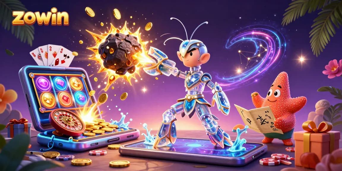 Zowin lets players win big in a vibrant 3D illustration featuring exciting slot games and cosmic elements.