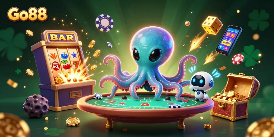 Experience the thrilling world of Go88 as the alien octopus plays holographic poker amidst sparkling casino elements.