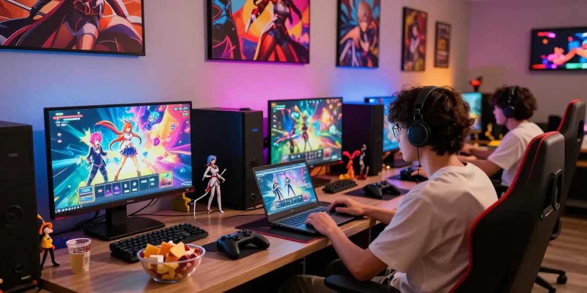 Player immersed in a colorful hentai game surrounded by gaming gear and friends.