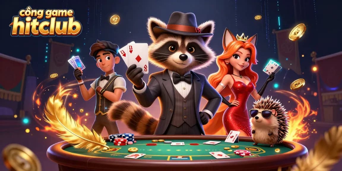 Playing cards and coins fly around the captivating scene at cổng game hitclub with charming characters.