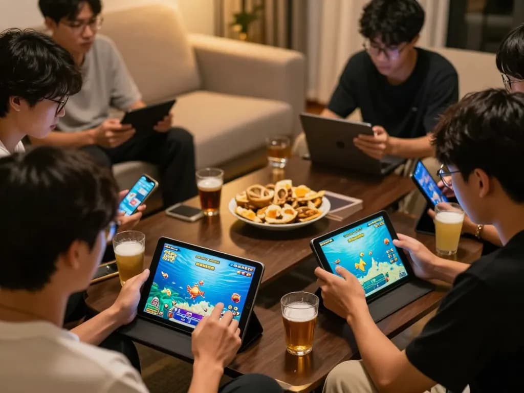 Players engaged in game bắn cá đổi thưởng on tablets, showcasing excitement and strategy.
