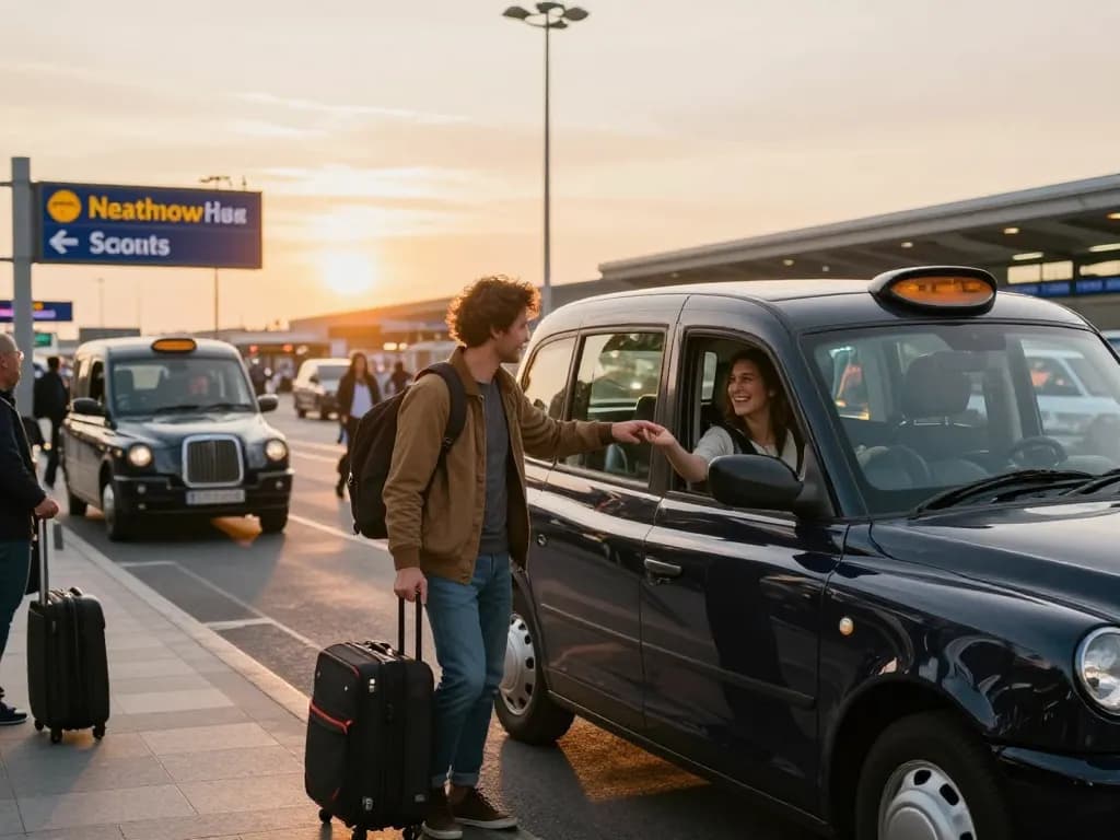 Taxi to Heathrow airport with happy traveler and driver at sunset, showcasing a dynamic airport environment and luggage.