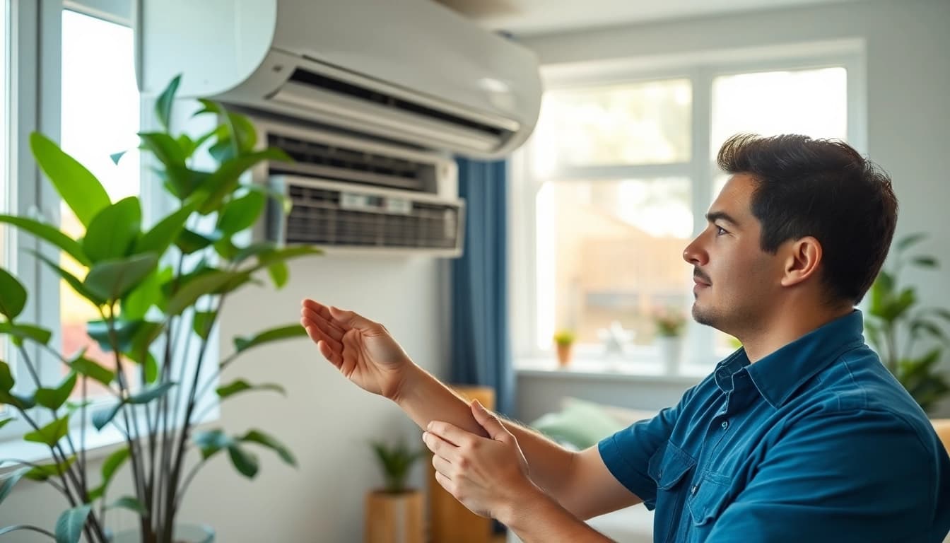 AC Repair Tampa technician inspecting the air conditioner in a bright living space.