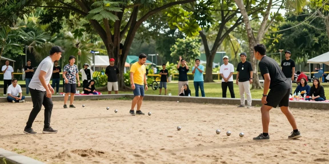 FOPI Kota Palu petanque community event showcasing players and spectators enjoying the sport on a sunny day.
