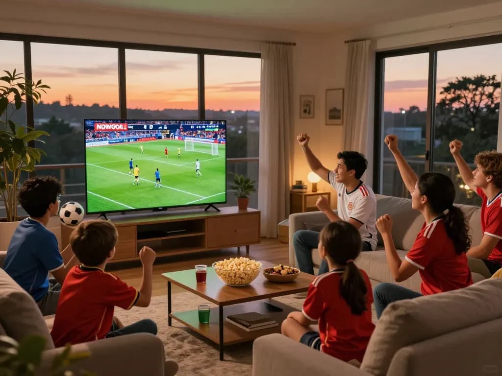 Fans celebrating live NOWGOAL football scores in a cozy living room.