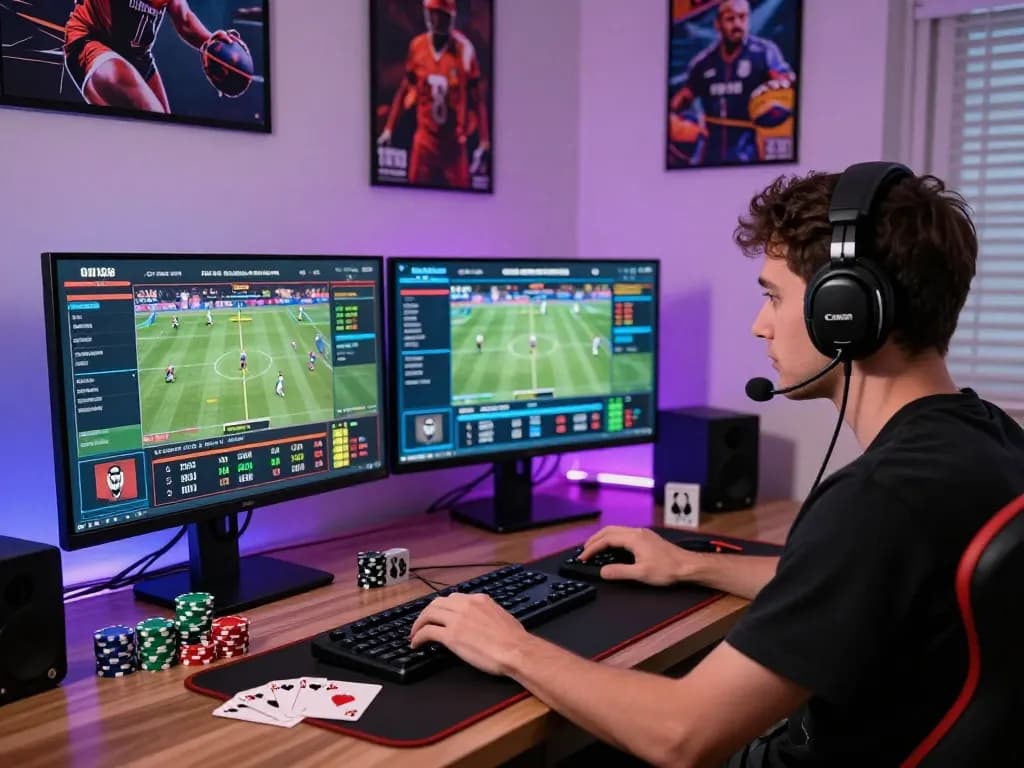 Excited player engaging with rikbet online betting setup surrounded by sports event odds and gaming gear.