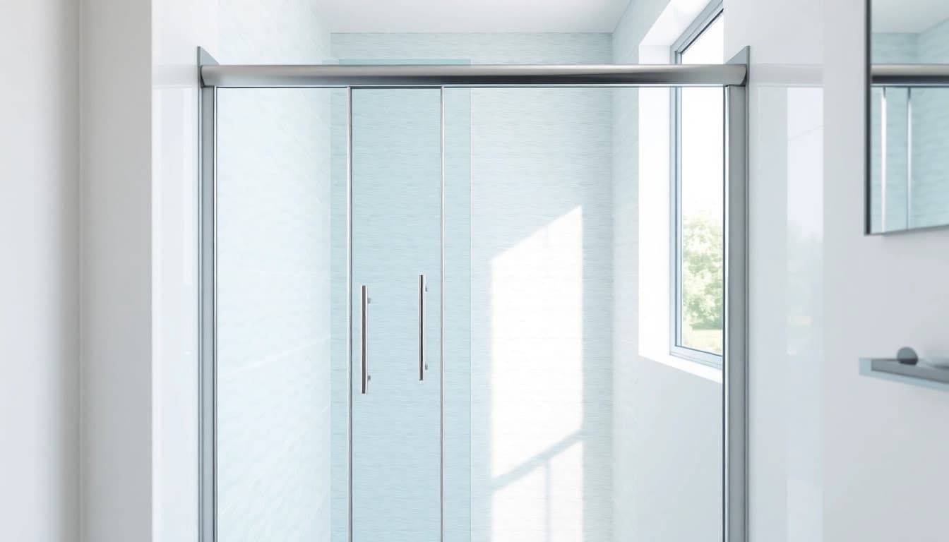 Showcase of a stylish shower screen sliding door in a modern bathroom interior.