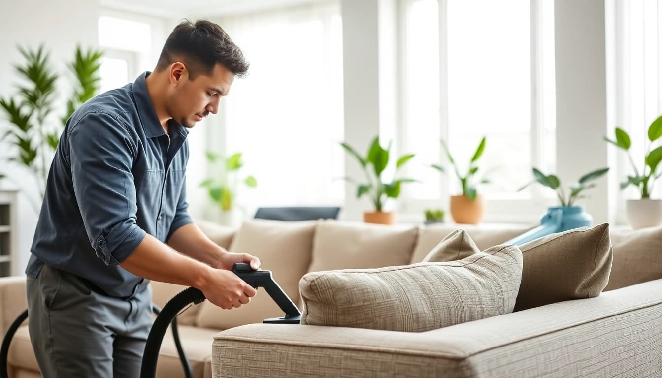 Upholstery cleaning in Glasgow by a professional technician in a bright, modern living room.