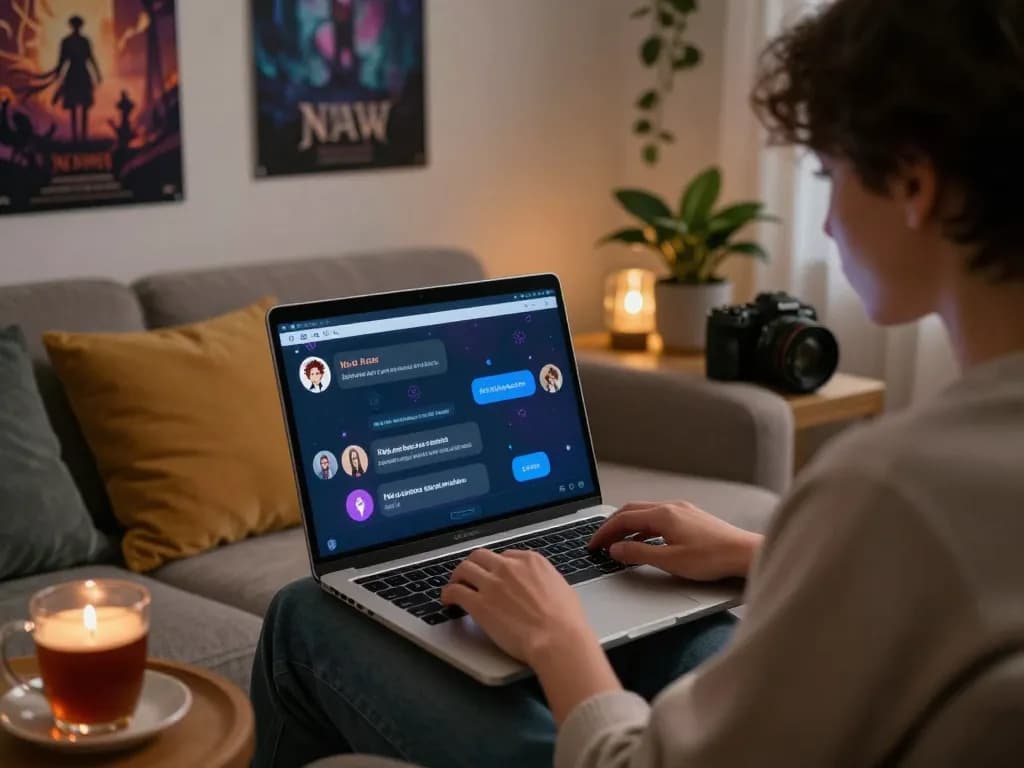 User engaging in NSFW AI chat on a laptop in a cozy room, showcasing inviting atmosphere and vibrant interface.