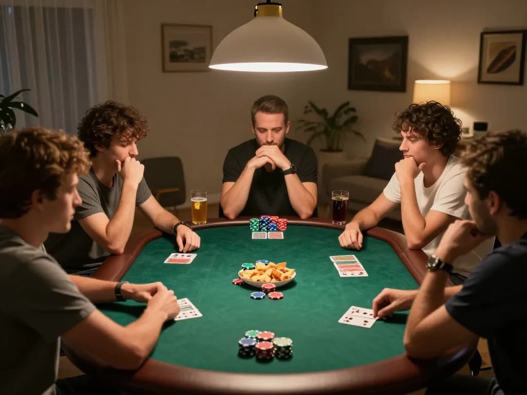 Friends enjoying a poker night with chips and cards in a friendly atmosphere at home, showcasing Cwin's community gaming.