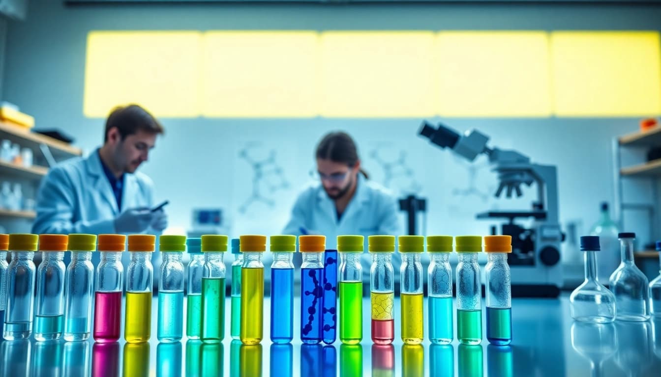 Explore Peptides UK in a professional lab setting with vibrant research equipment and scientists.