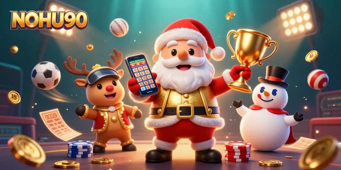 Join the excitement at NOHU90, where Santa Claus celebrates jackpot wins with a vibrant casino scene!