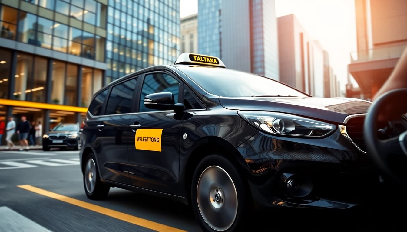 Minicabs parked in a busy city, showcasing a modern black vehicle against an urban skyline.
