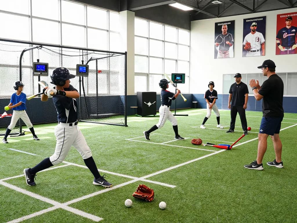 Athletes at Hitclub training facility engaging in baseball practice with modern equipment.