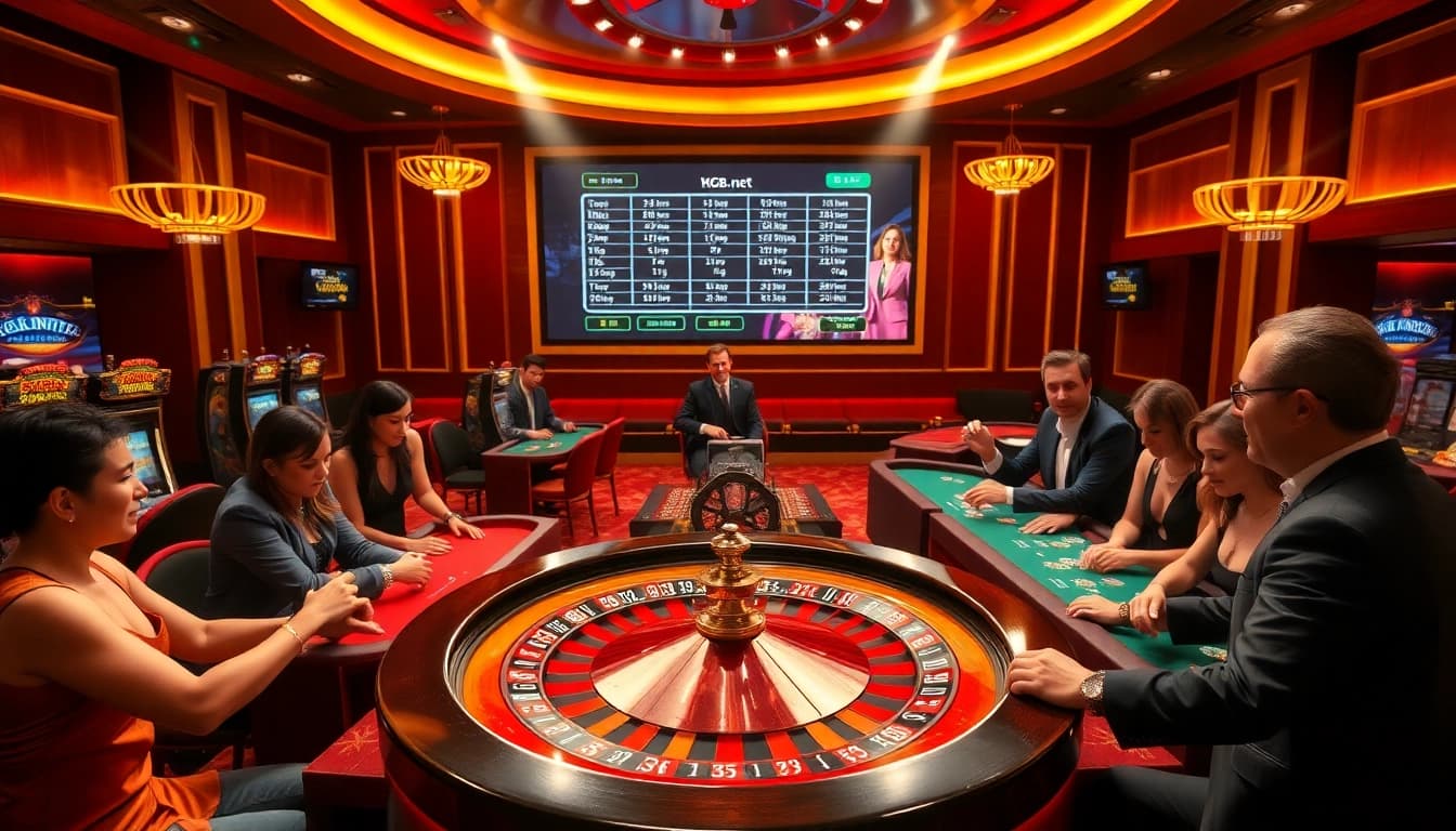 Gambling at a luxurious casino showcasing excitement at rikvip.gb.net with roulette and vibrant slot machines.