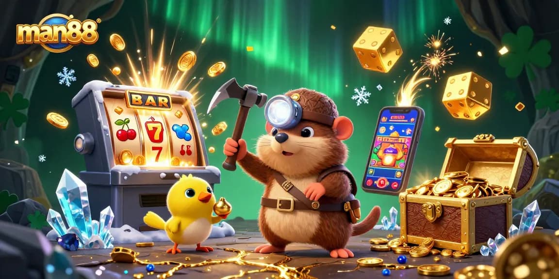 Experience thrilling wins with man88 at a vibrant 3D casino scene packed with gold and excitement.