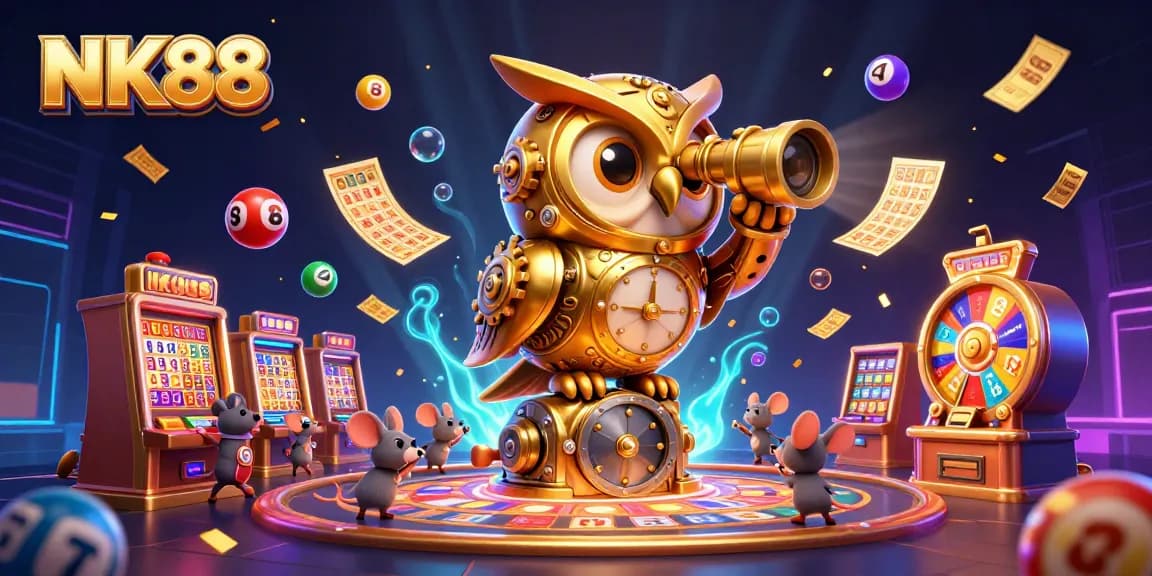 Engage with NK88's vibrant casino experience featuring a golden owl, lively lottery elements, and rich visual details.