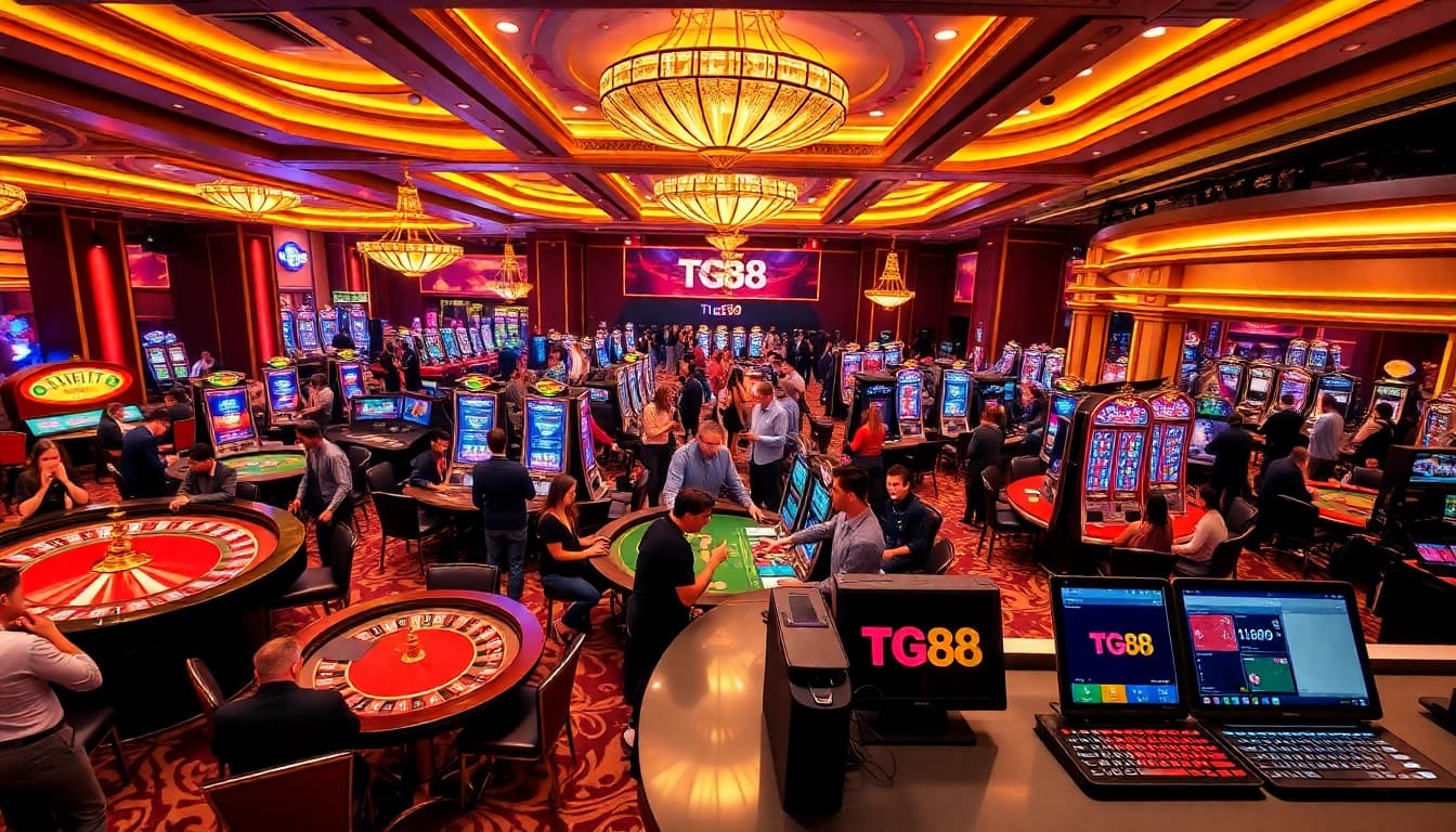 Active gamblers enjoying various games in a luxurious casino setting with TG88 branding.
