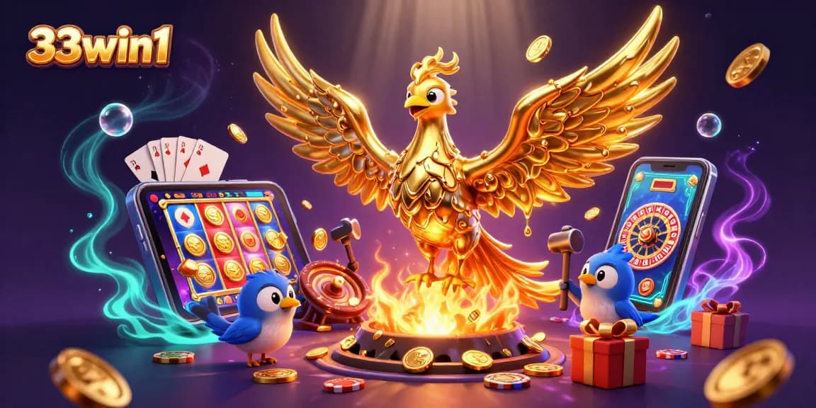 Engage with 33win1's vibrant casino experience featuring a golden phoenix and dynamic game elements.
