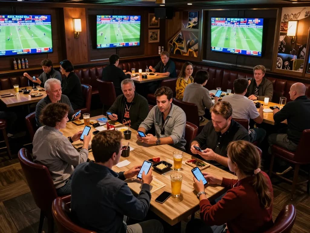 Excited bettors at Bet168 watching live games and checking odds in a vibrant sports bar setting.