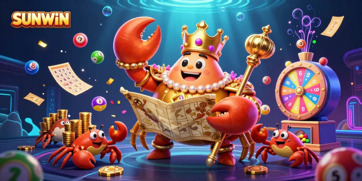 SUNWIN offers a vibrant 3D casino scene with a golden crab emperor and lively game elements.