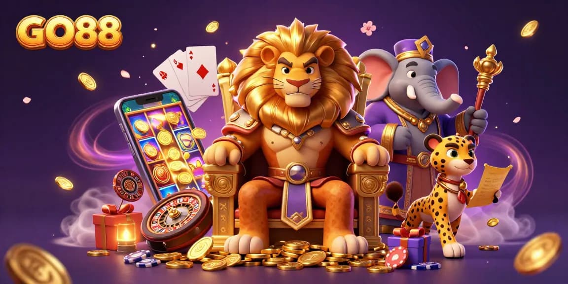 Experience excitement at GO88 with a majestic lion, wise elephant, and cheetah amidst casino games.